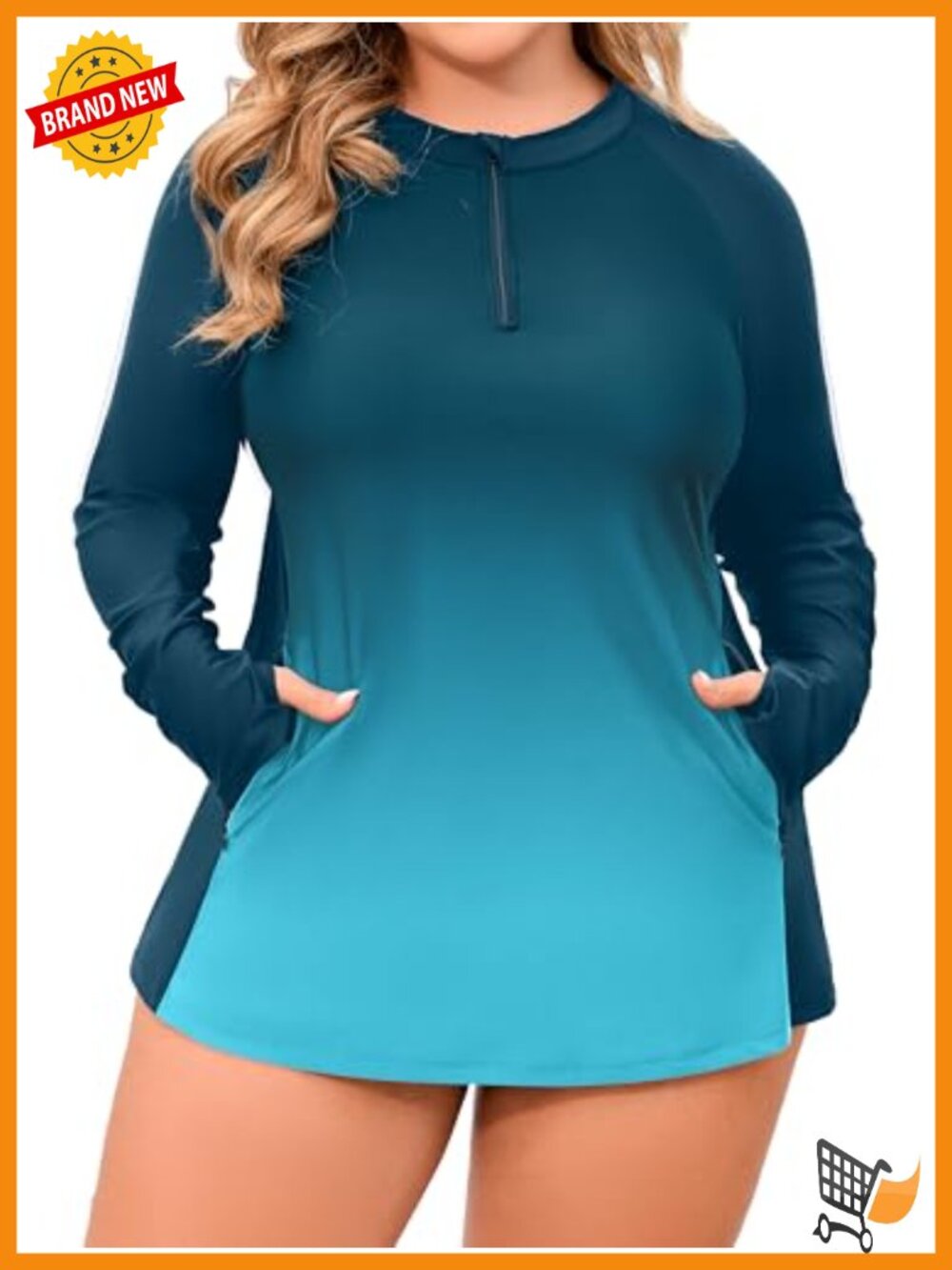 Plus Size UPF 50+ Long Sleeve Rash Guard with Zipper Pockets